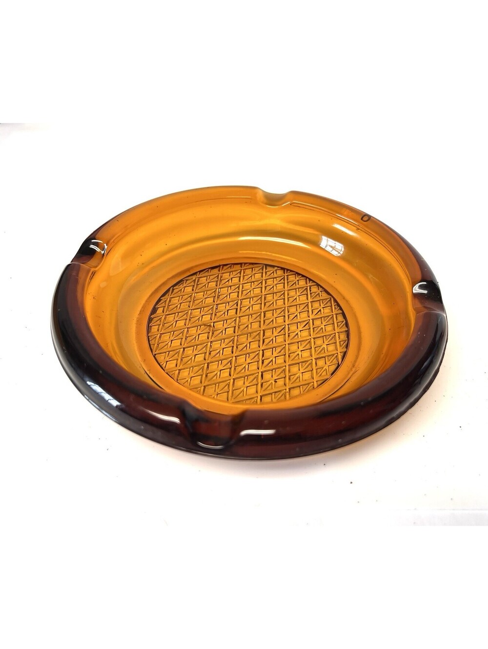 Large Amber Glass ASHTRAY Vintage Brown Waffle Diamond Bottom 6 in